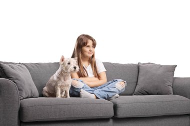 Evcil köpeği olan bir kız beyaz arka planda izole bir kanepede oturuyor.