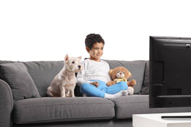 Pijamalı küçük çocuk bir kanepede oyuncak ayıyla oturuyor ve beyaz arka planda izole edilmiş köpeğiyle TV seyrediyor.