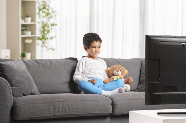 Kanepede oturan küçük çocuk bir ayıcık ve bir köpekle televizyon izliyor.