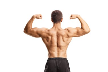 Shirtless muscular man flexing back muscles isolated on white background