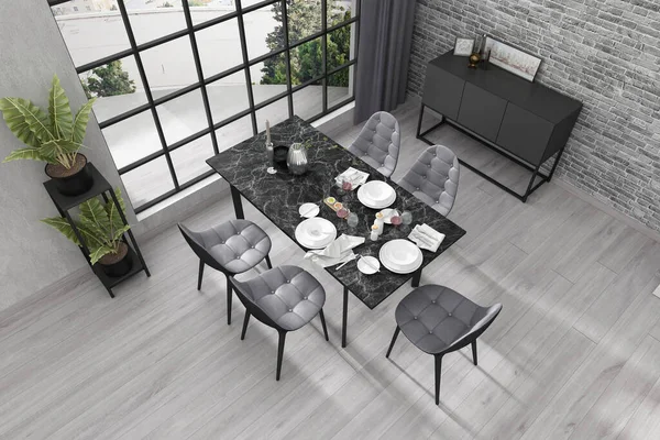 3D render of a dining table in the interior top view