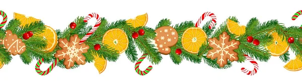 Kusursuz Noel çelengi, dekoratif Noel unsurları, şekerler, zencefilli kurabiye, portakal, böğürtlen. Şenlik havası. Beyaz arka planda izole edin. Vektör resmi