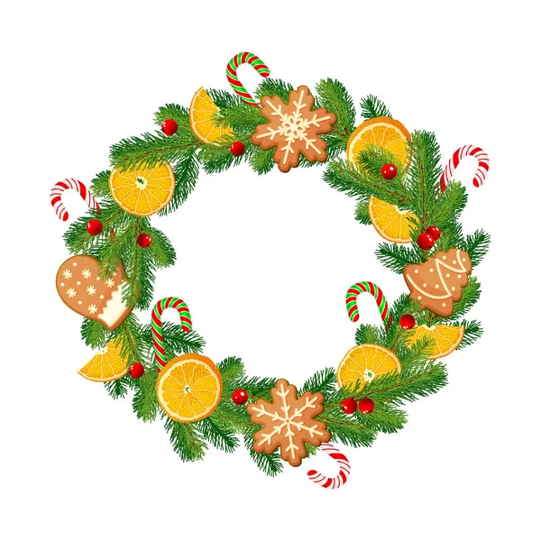 リースクリスマスグリーンツリー コーン ジンジャーブレッドクッキー オレンジ 赤い果実 グリーティングカードのための装飾 ベクトル画像 白地に隔離 — ストックベクタ