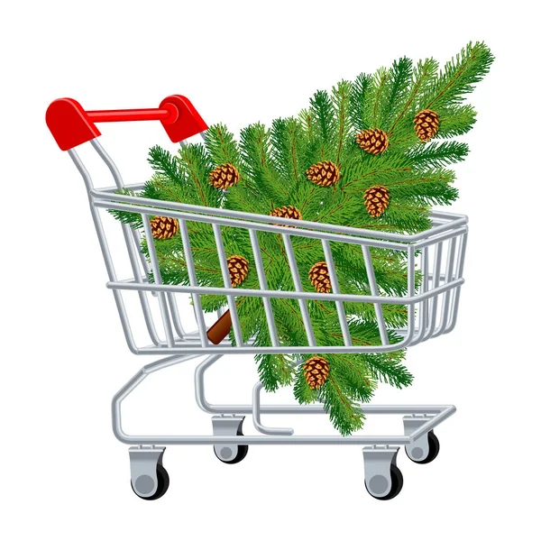 超级市场的篮子 背景是白色的圣诞树 买了棵圣诞树过年 矢量图像 免版税图库插图