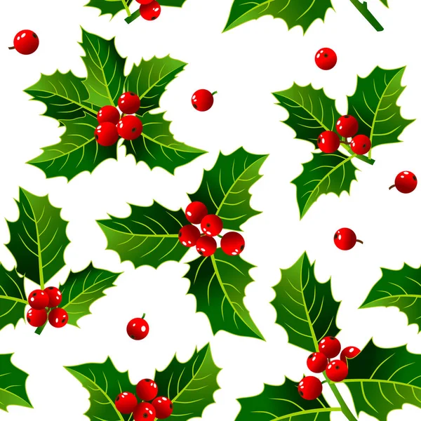 白い背景に赤い果実を持つクリスマスホリー ファブリックと休日の紙のためのベクトルシームレスパターン — ストックベクタ