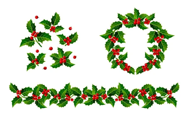 ホリーボーダーのクリスマスガーランド 白い背景に花輪 カード バナーの装飾のための装飾 新年の色 赤と緑 ベクトル画像分離 — ストックベクタ