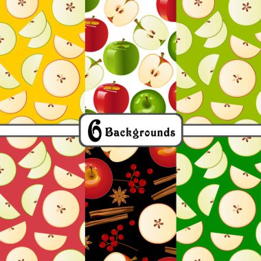 6 Kusursuz Şablon Elma Vektörü İllüstrasyonu. Kumaş örnekleri. Paket kağıdı, ağ, hediye kağıdı ve kapak için tasarlandı. Elmalı desenler.