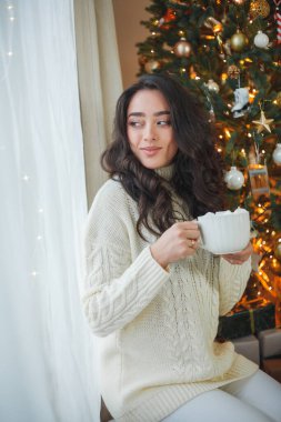 Güzel, koyu renk saçlı, örgü kazaklı bir kadın bir kupa sıcak kakao ve noel ağacının yanında lokum. Pencerenin yanında şık kıvırcık bir model. Yeni Yıl.
