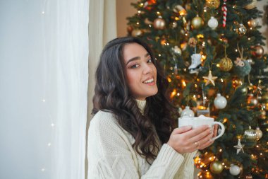 Güzel, koyu renk saçlı, örgü kazaklı bir kadın bir kupa sıcak kakao ve noel ağacının yanında lokum. Pencerenin yanında şık kıvırcık bir model. Yeni Yıl.