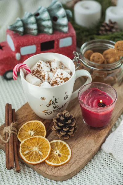 Hot Cup Cocoa Marshmallows Gingerbread Cookies Christmas Eco Decorations New — Stock Photo, Image