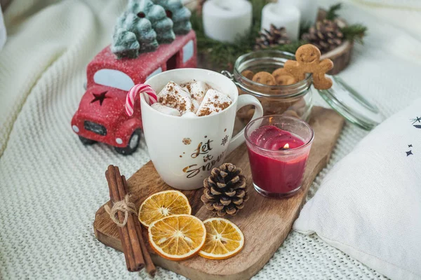 Warme Kop Cacao Met Marshmallows Peperkoeken Kerstversiering Nieuwjaar Wintervakantie — Stockfoto