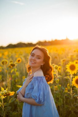 Ayçiçeği tarlasında siyah kıvırcık saçlı güzel bir genç kadın. Şık mavi elbiseli bir manken. Yaz.