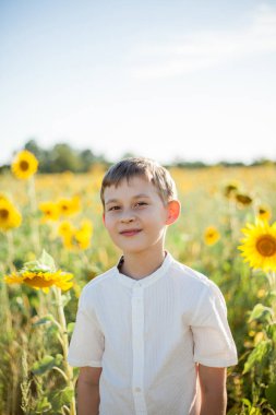 Little cute boy 8 years old in a sunflower field. Portrait of a happy child.