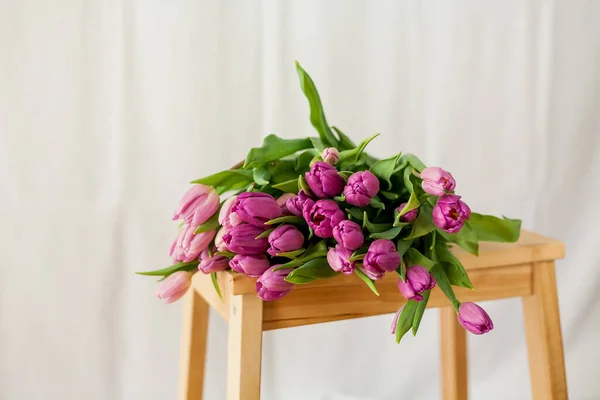 Bouquet Purple Tulips Wooden Bench White Background Spring Holidays — Stockfoto