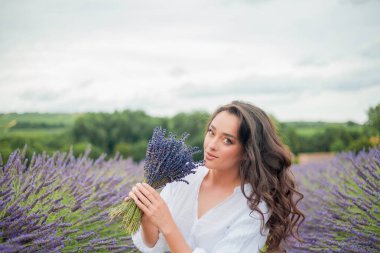 Lavanta tarlası. Güzel, siyah saçlı, kıvırcık saçlı, beyaz elbiseli, mor çiçekli bir kadın..