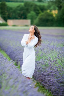 Lavanta tarlası. Güzel, siyah saçlı, kıvırcık saçlı, beyaz elbiseli, mor çiçekli bir kadın..