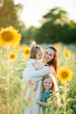 Güzel, genç, siyah saçlı anne kızlarıyla güneşte ayçiçeği tarlasında oynuyor. Aile.