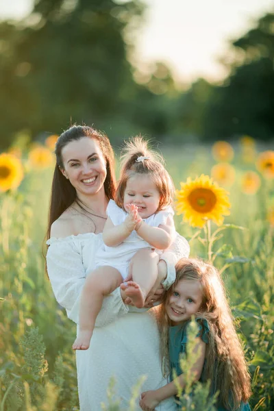 Güzel Genç Siyah Saçlı Anne Kızlarıyla Güneşte Ayçiçeği Tarlasında Oynuyor — Stok fotoğraf