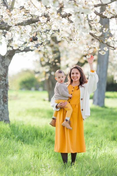 Szczęśliwa Młoda Rodzina Spędza Czas Wiosennym Parku Kwitnącym Mama Mały — Zdjęcie stockowe