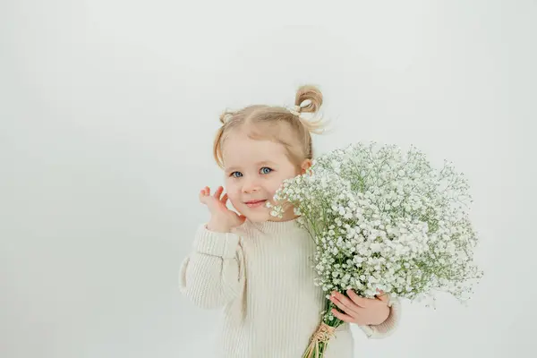 Cute Little Year Old Girl Bouquet White Flowers Congratulates Her Royalty Free Stock Photos