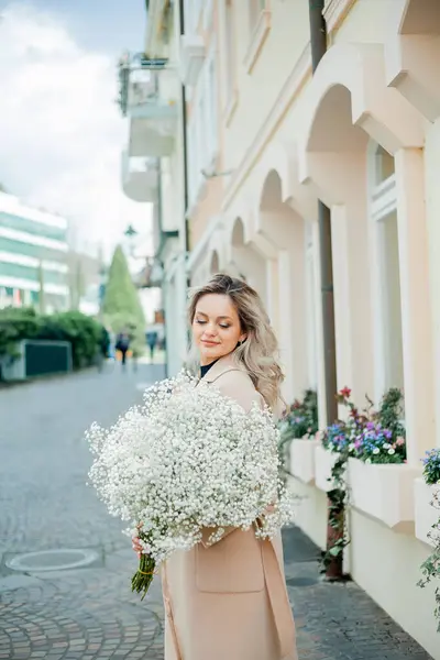 Portrait Beautiful Young Blonde Woman Bouquet White Flowers Center European Royalty Free Stock Images