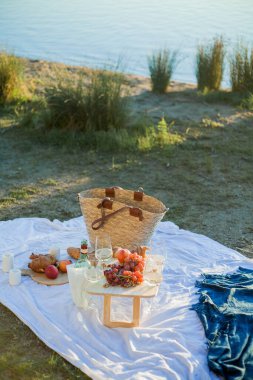 Gölün kenarında meyveler, hamur işleri ve şarapla güzel bir sonbahar pikniği. Güneş ışınları.