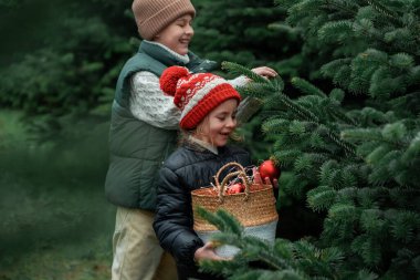 Ormanda Noel ağacı süsleyen şirin çocuklar. Tatiller.