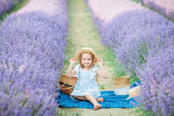 Lavanta tarlasında küçük mutlu bir kız. Mor çiçeklerin yanındaki mavi elbiseli çocuk portresi. Güneşli yaz.