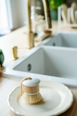 Lavabonun yanında bulaşık yıkamak için bir ekofırça, cam şişede deterjan ve havlu. Parlak mutfak iç mimarisi.