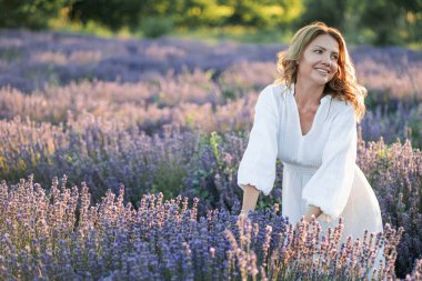 Güzel bir kadın lavanta tarlasında yaz esintisinin tadını çıkarıyor. Güneş ışığındaki sarışının portresi.