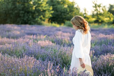 Güzel bir kadın lavanta tarlasında yaz esintisinin tadını çıkarıyor. Güneş ışığındaki sarışının portresi.