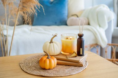 Sıcak güneş gözlükleriyle evde sonbahar dekoru. Balkabağı, mum, kurumuş çiçekler, yastıklar. Samimi.