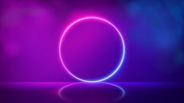 Parlak dairesel neon ışıklı çerçeve, fütüristik arka plan dumanlı. Vektör İllüstrasyonu