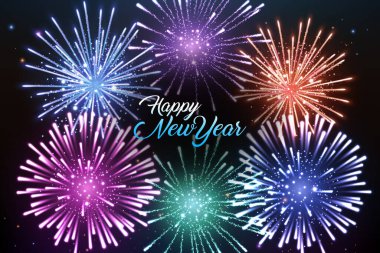 Mutlu yıllar, havai fişek patlaması, yeni yıl kutlaması. Vektör İllüstrasyonu