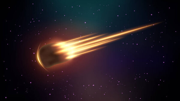 "Realistic Asteroid Fall on Fire, Comet in Outer Space Background". Векторная миграция