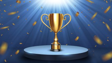 Mavi Podyumda Altın Konfeti Şelalesi, Zafer Kutlaması, Vektör İllüstrasyonlu Sahne Işıkları Altında Parlayan Altın Kupa