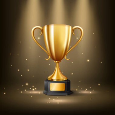 Metin alanı ve aydınlatılmış spot ışıkları olan gerçekçi Altın Kupa, Vektör İllüstrasyonu