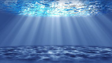 Güneş Işığı Mavi Okyanus 'un Yüzeyinde Parlıyor, Deniz, Karanlık Sular ve Kum Deniz Altında, Geniş Ekran 4K Çözünürlüğü