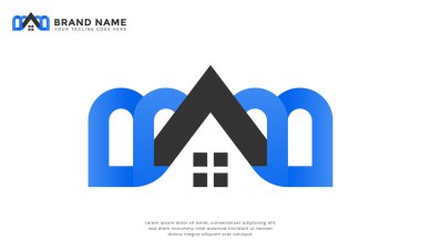 Modern M House Logosu. Modelleştirilmiş M harfleri bir ev şekli oluşturuyor. Toplumu, bağlantıyı ve modern yaşamı temsil ediyor. Gayrimenkul, sosyal gruplar veya işletmeler için ideal.
