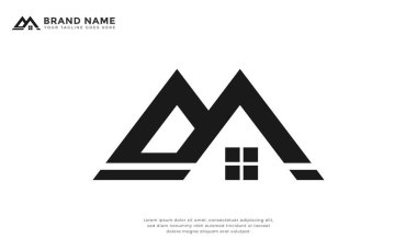 Harf DM ev logosu. 'DM' harflerini oluşturan stilize bir çatı çizgisi, geometrik şekiller çağdaş bir his veriyor. Gayrimenkul, inşaat veya iç tasarım işletmeleri için ideal.