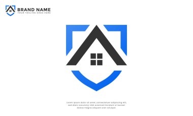 Modern ev güvenliği logosu bir kalkan içinde stilize edilmiş ev silueti içeriyor. Güçlü, güvenilir bir estetiğe sahip temiz, geometrik bir tasarım. Gayrimenkul, güvenlik veya ev hizmetleri markaları için ideal.