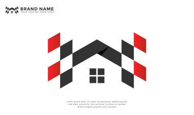 Yarış Evi Logosu. Bir ev ve yarış bayraklarını birleştiren eşsiz bir logo. Hızlı emlak hizmetleri, hızlı emlak satışları, motor sporu temalı gayrimenkul veya hızlı ev çözümleri için ideal.