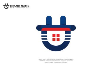 Elektrik prizi logosu. Yaratıcı logo ev siluetiyle elektrik prizini birleştiriyor. Elektrik hizmetleri, akıllı ev teknolojisi veya enerji ile ilgili işletmeler için uygundur..