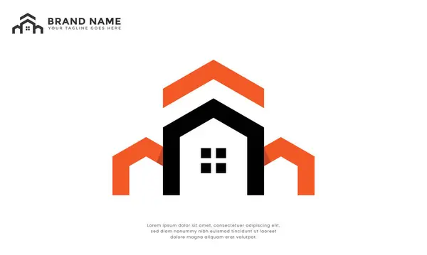 Ev ve inşaat logosu. İçinde turuncu ve siyah temiz geometrik çizgiler olan ev tasarımı var. Emlak, gayrimenkul, mimari, inşaat ve iç tasarım markaları için ideal.