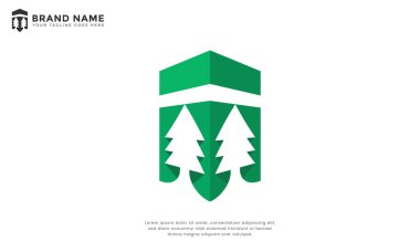 Kutulu Pine Peaks Logosu. Modern logo soyut geometrik kutu şekillerini stilize edilmiş çam ağaçlarıyla birleştirerek tanımlanmış bir yapı içinde dağ benzeri tepeler oluşturuyor..