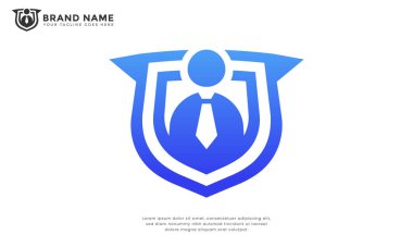 Güvenli İş Adamları Logosu. Modern logoda stilize edilmiş ve güçlü bir kalkanın içine kravat takılmış biri var. İş hizmetleri için güvenlik, güven ve profesyonelliği temsil eder.