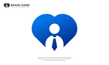 Kalp işi adamı logosu. Modern logo kalp şeklini stilize edilmiş bir işadamı figürüyle birleştiriyor, ilgilenen işi, etik liderliği, şefkatli iş ve tutkuyu temsil ediyor..
