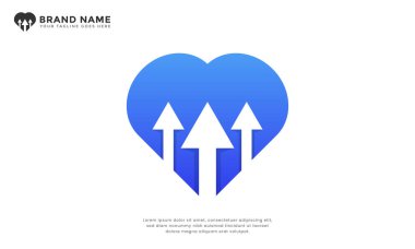 Kalp üç ok logosu. Modern logo, bir kalbi yukarı doğru üç okla birleştiriyor, tutkulu ilerlemeyi sembolize ediyor, yükseltme, sevgi dolu gelişme, içten ilerleme, büyüme ve ileri hareketi sembolize ediyor..