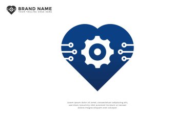 Heart Gear Tech Circuit Logosu. Kalp, dişli ve devre elementlerinden oluşan modern bir logo. Yenilik, bağlantı ve teknolojik bakımı sembolize eder.