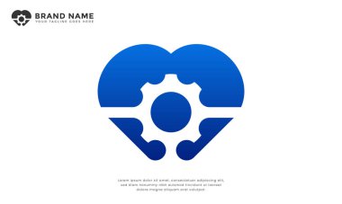 Heart Gear Teknoloji Logosu. Modern logo kalp ve dişliyi birleştirir, bakım, hassasiyet ve teknolojiyi sembolize eder. Sağlık teknolojisi veya yenilikçi çözümler için ideal.